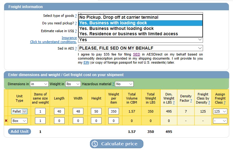 Online freight calculator